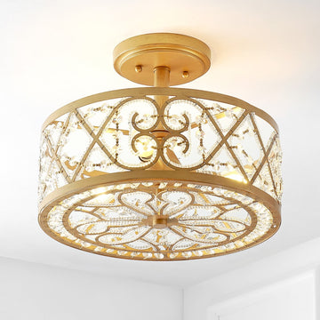 Leila 13.25" Iron/Crystal Modern Glam LED Flush Mount - JONATHAN Y